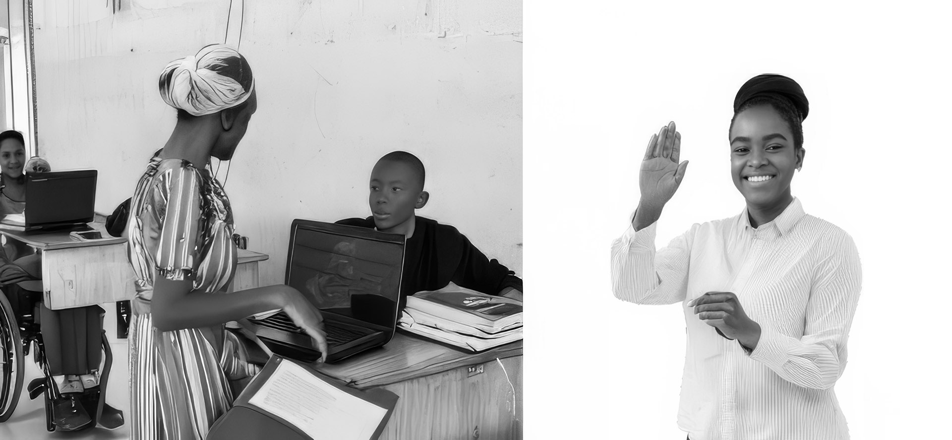 Opettaja opettaa, tulkki viittoo. A teacher and a signlanguage interpreter